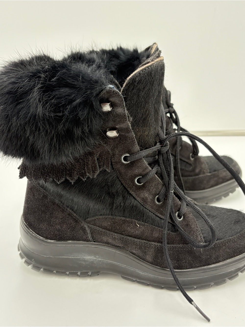 Black Fur Calf Hair Lined Lace Up Winter Boots Apres Ski Italy Women’s Size 7.5